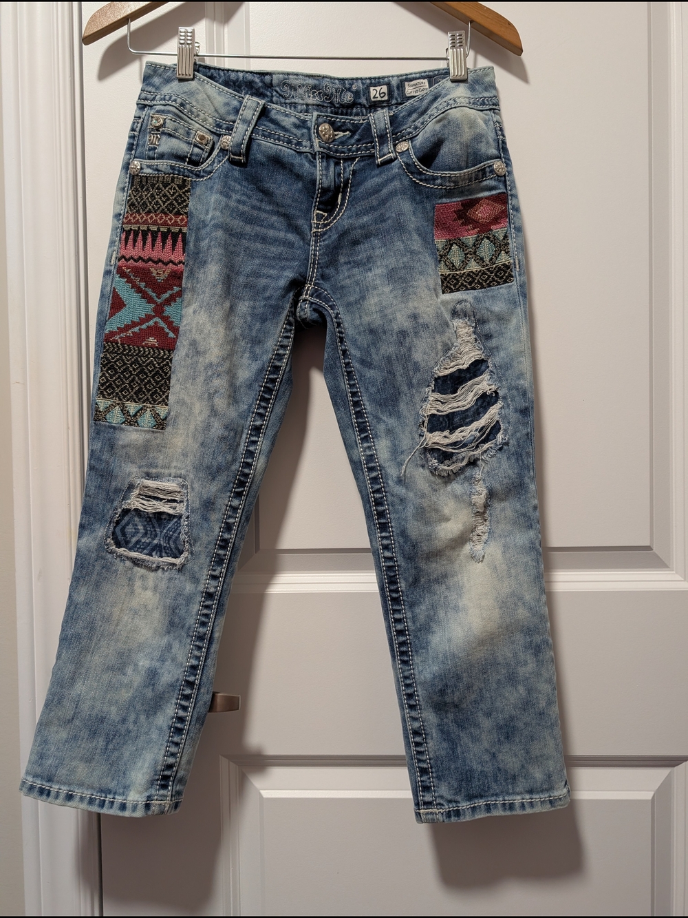 Miss Me Blue Distressed Capri Jeans with Embroidered Patchwork